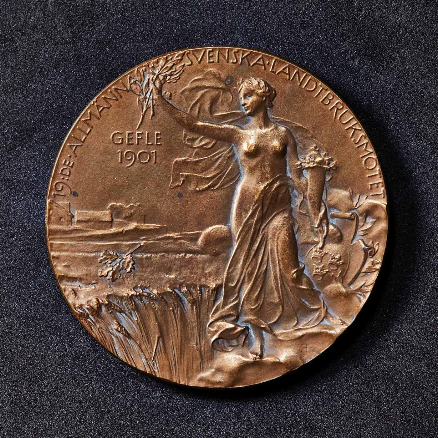 【俄甄集藏】2026年(049)03-18星期三 晚 19:30 全场包邮 瑞典1901年奥斯卡二世头像纪念耶夫勒全国农业大会召开大铜章，直径：50mm，重量：61克，名家林德伯格作品