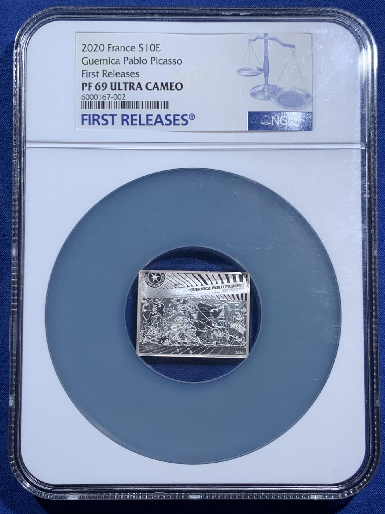 《竞宝斋》第470场 周日，周一，周二 3场连拍 （全场包邮）欢迎送拍 NGC PF69UC 法国2020年名画《格尔尼卡》10欧元精制纪念银币，900银，22.2克，限量3千枚。世界级艺术大师，现代派创始巨匠毕加索巅峰时期惊世之作！加大盒装