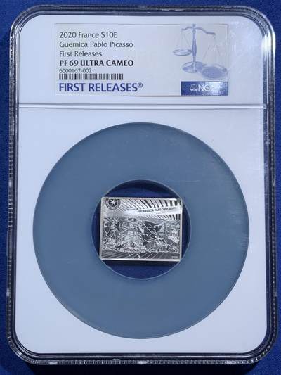 《竞宝斋》第470场 周日，周一，周二 3场连拍 （全场包邮）欢迎送拍 - NGC PF69UC 法国2020年名画《格尔尼卡》10欧元精制纪念银币，900银，22.2克，限量3千枚。世界级艺术大师，现代派创始巨匠毕加索巅峰时期惊世之作！加大盒装