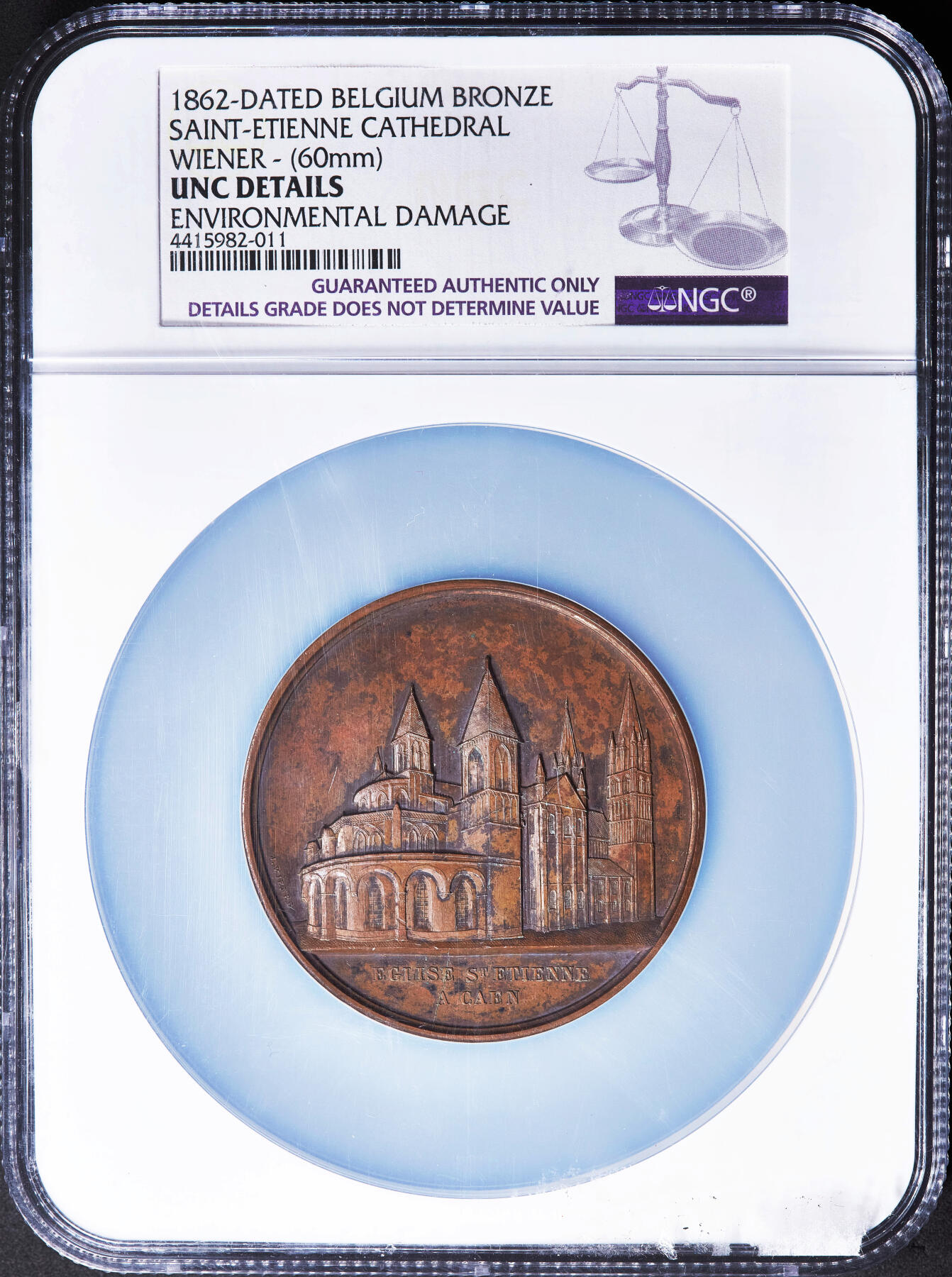 【俄甄集藏】2026年(049)03-18星期三 晚 19:30 全场包邮 比利时1862年章牌艺术大师雅克布·维纳教堂系列-法国圣艾蒂安教堂大铜章，NGC UNCD，直径60mm，巧克力包浆，名誉品种，设计经典