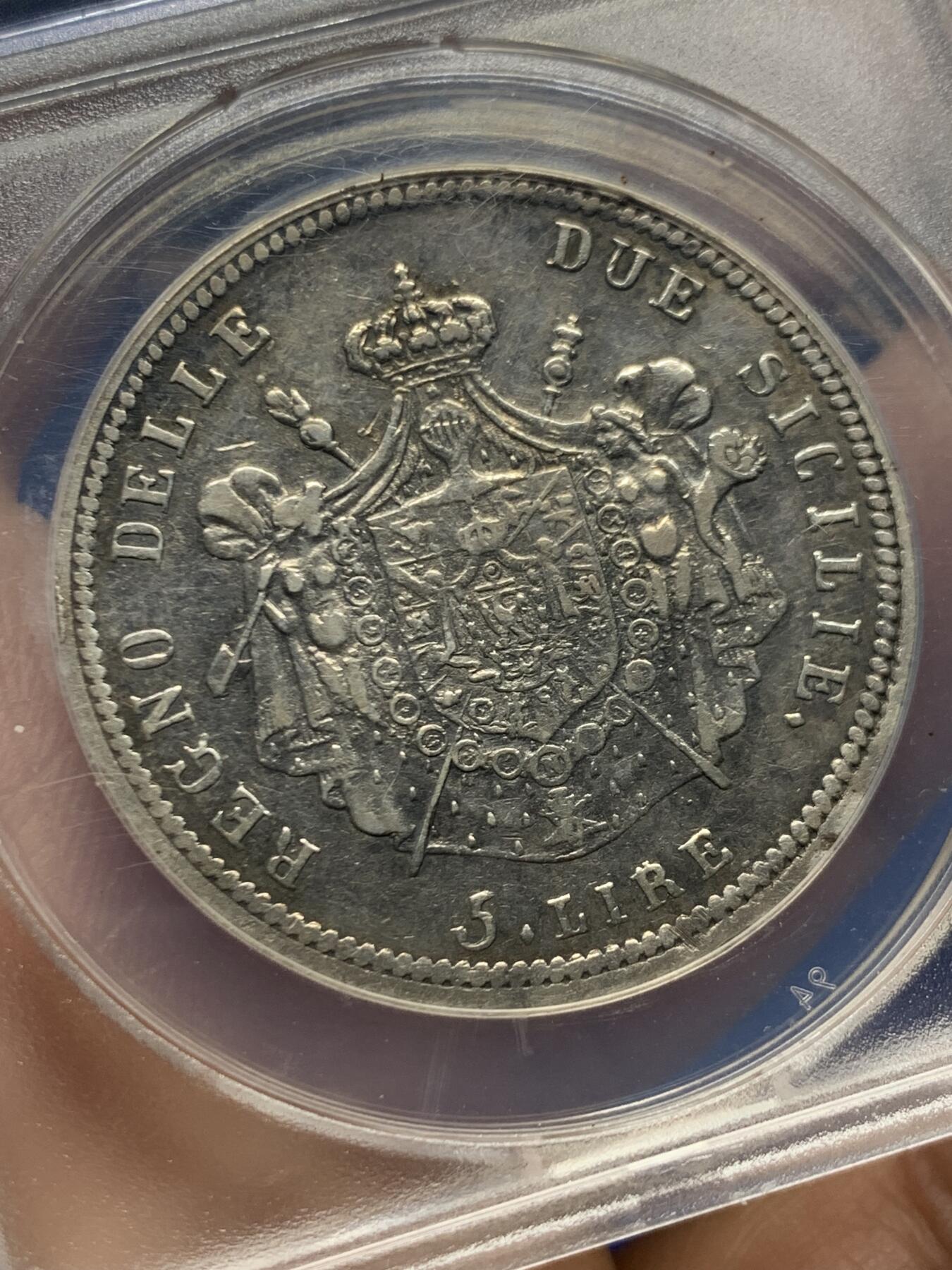 《竞宝斋》第470场 周日，周一，周二 3场连拍 （全场包邮）欢迎送拍 ANACS EF40 那不勒斯与西西里王国 1813年 5里拉 银币 拿破仑麾下名将缪拉统治时期发行 细节非常完整 传世黑包浆 转光很漂亮 克书价高 拿系币大珍品种