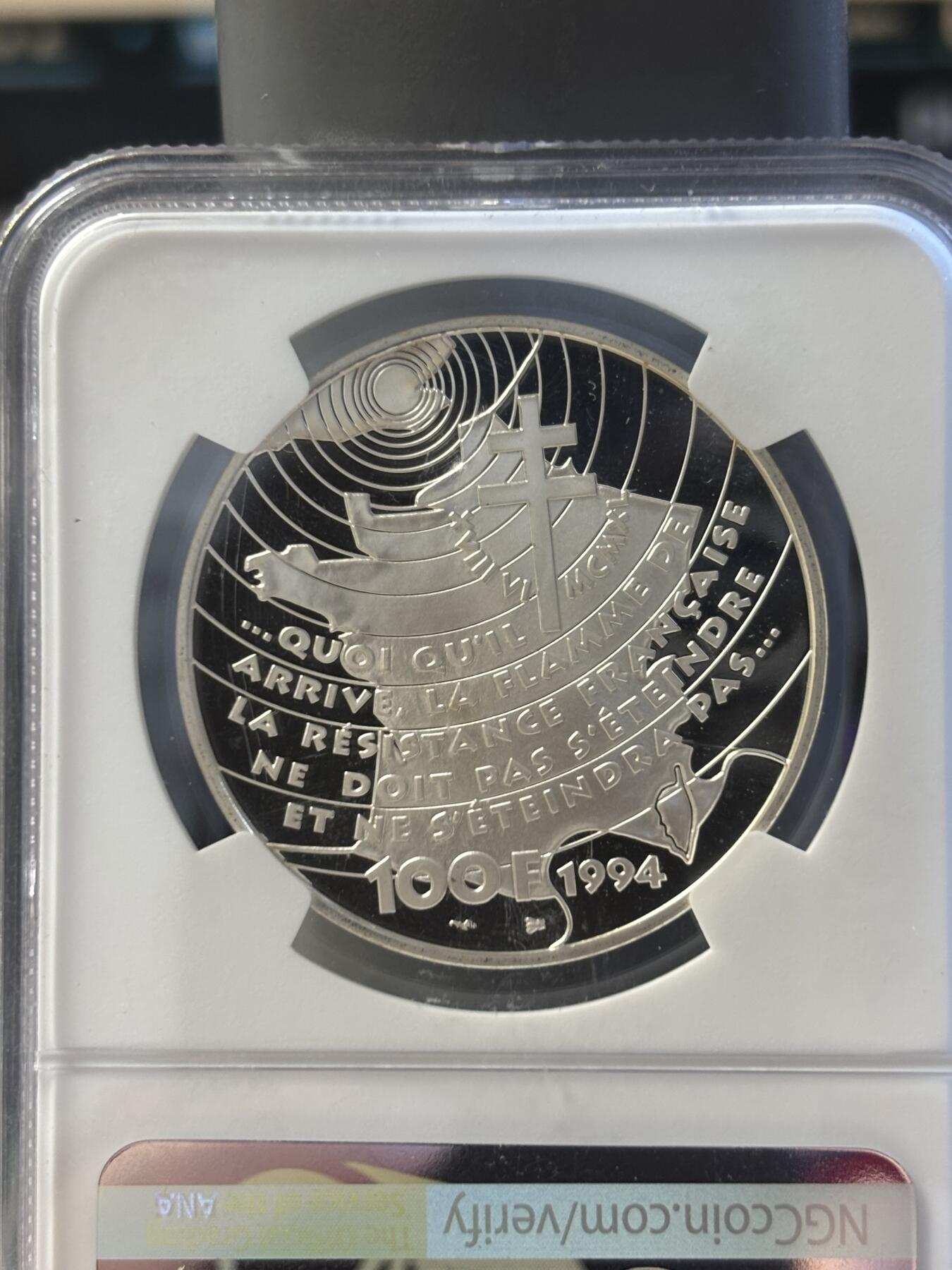 第194期拍卖 法国1994年二战系列戴高乐演讲纪念银样币NGC-PF69，900银，22.2克，发行1850枚