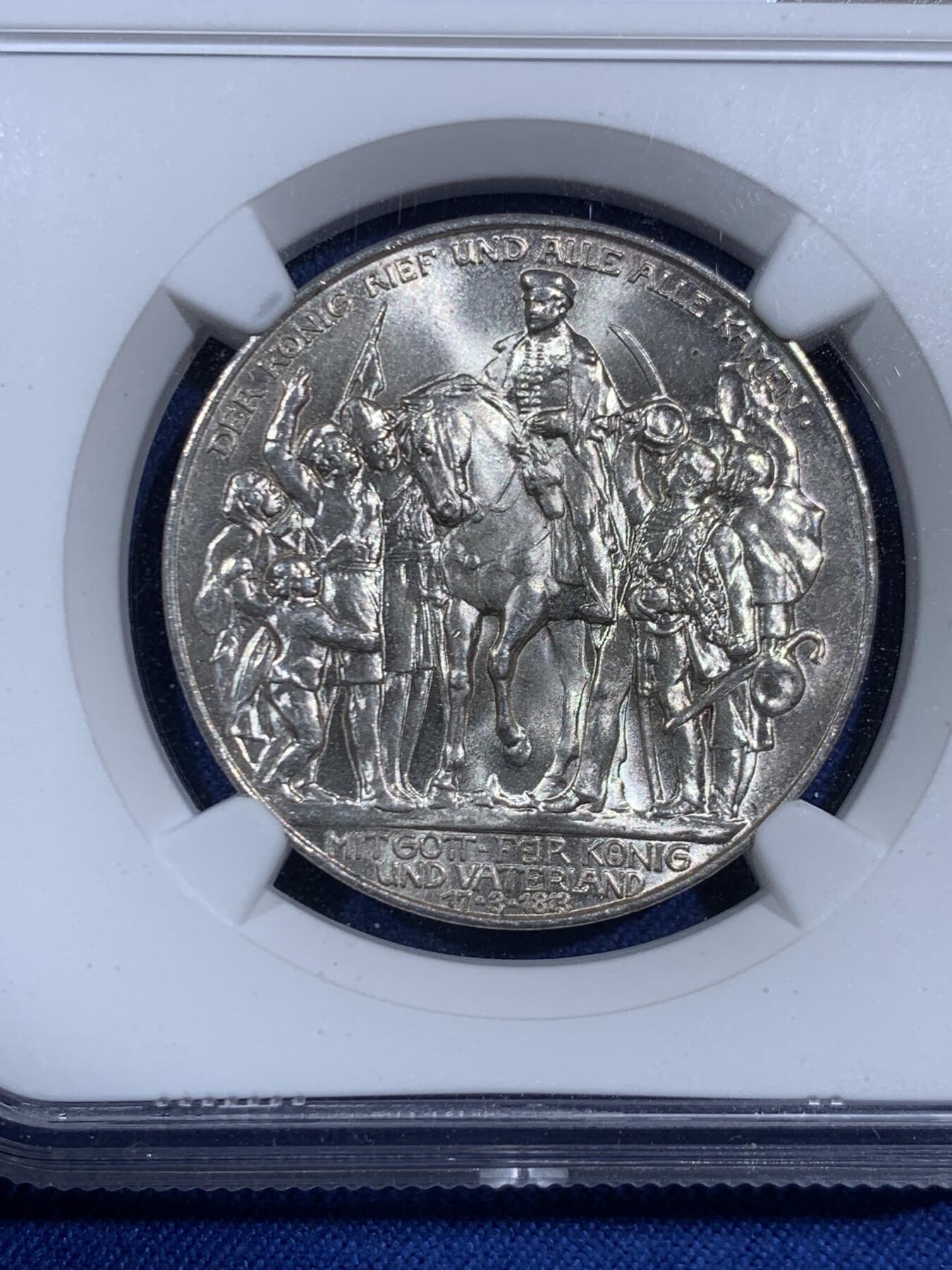 《竞宝斋》第470场 周日，周一，周二 3场连拍 （全场包邮）欢迎送拍 NGC MS64 德国1913年普鲁士战胜拿破仑百年纪念3马克银币 原色凝霜 转光强烈