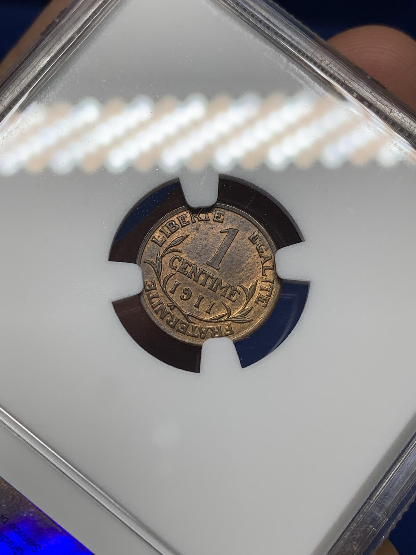 《竞宝斋》第470场 周日，周一，周二 3场连拍 （全场包邮）欢迎送拍 NGC MS64RB 法国1911年1分铜币 经典女神图案 冠军分