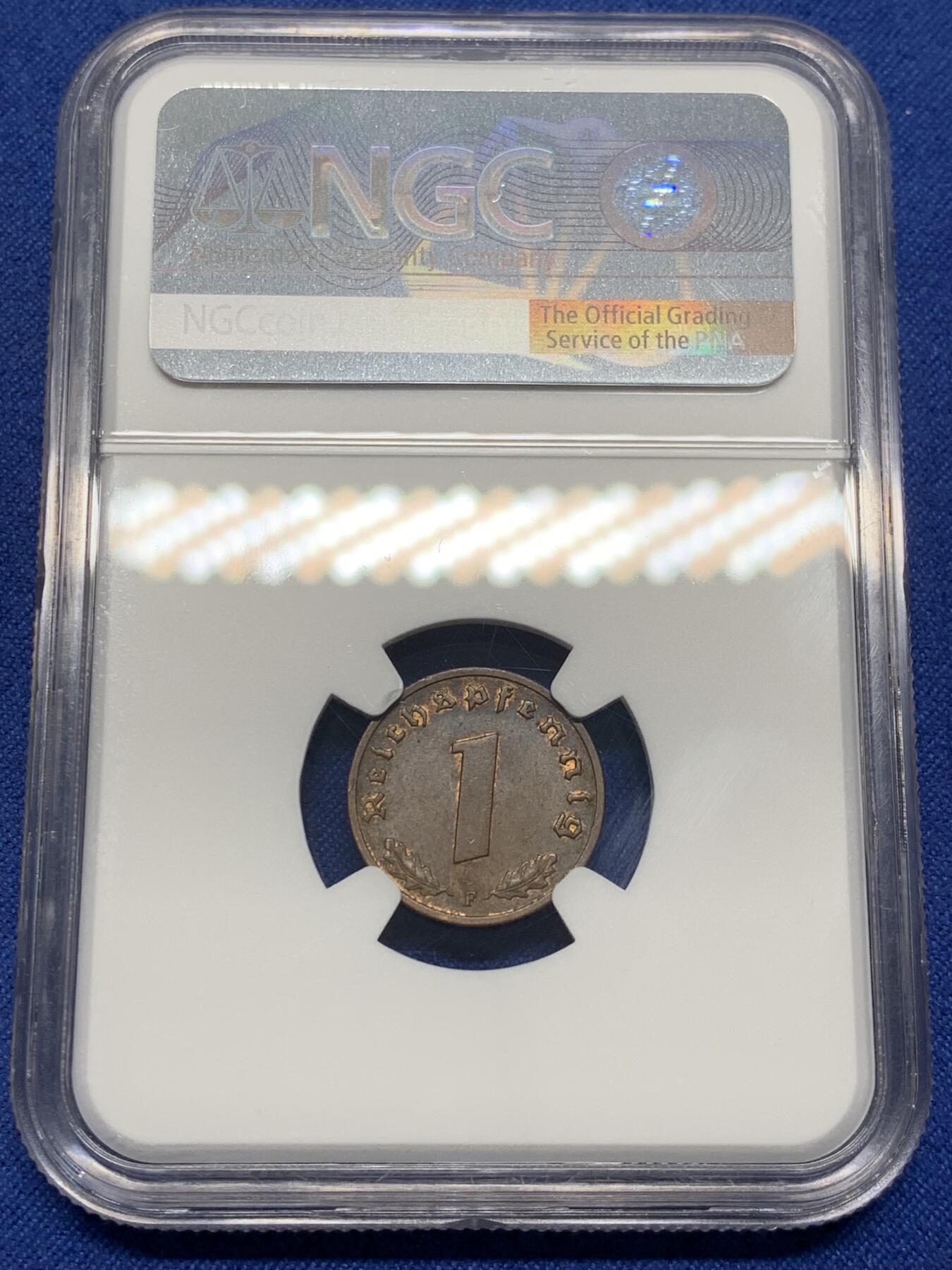 《竞宝斋》第470场 周日，周一，周二 3场连拍 （全场包邮）欢迎送拍 NGC MS62BN 德国1937年带风车1芬尼铜币，状态很好，热门品种