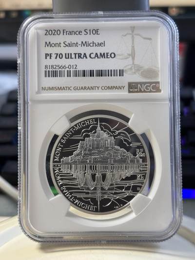 第193期拍卖 - 2020 年法国圣米歇尔山 10 欧元纪念银币，NGC 评级 PF 70 ULTRA CAMEO，900银，22.2克