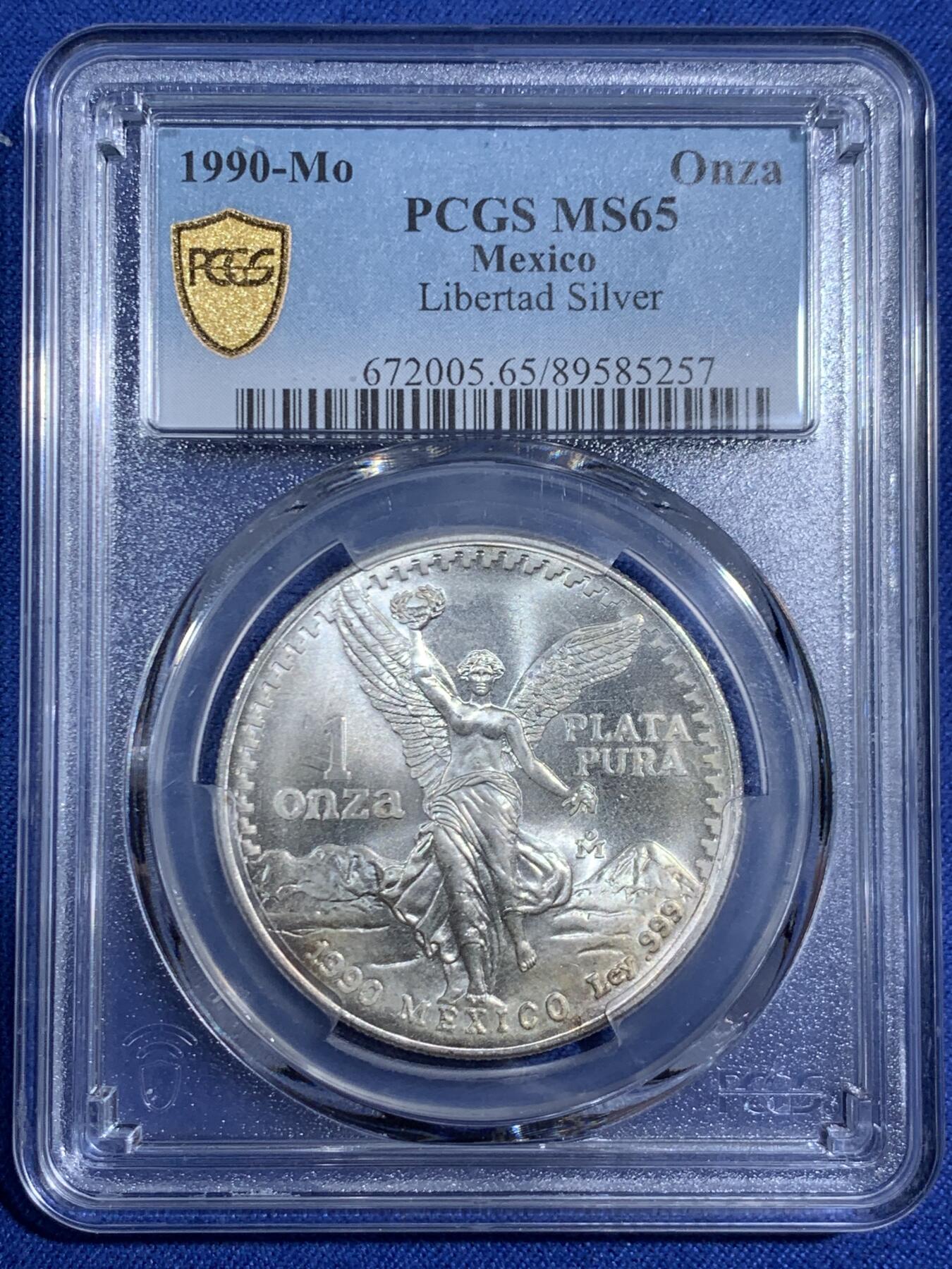 《竞宝斋》第470场 周日，周一，周二 3场连拍 （全场包邮）欢迎送拍 PCGS MS65 墨西哥 1990年 1盎司 自由女神银币 世界主流投资银币之一 老版币面已绝版