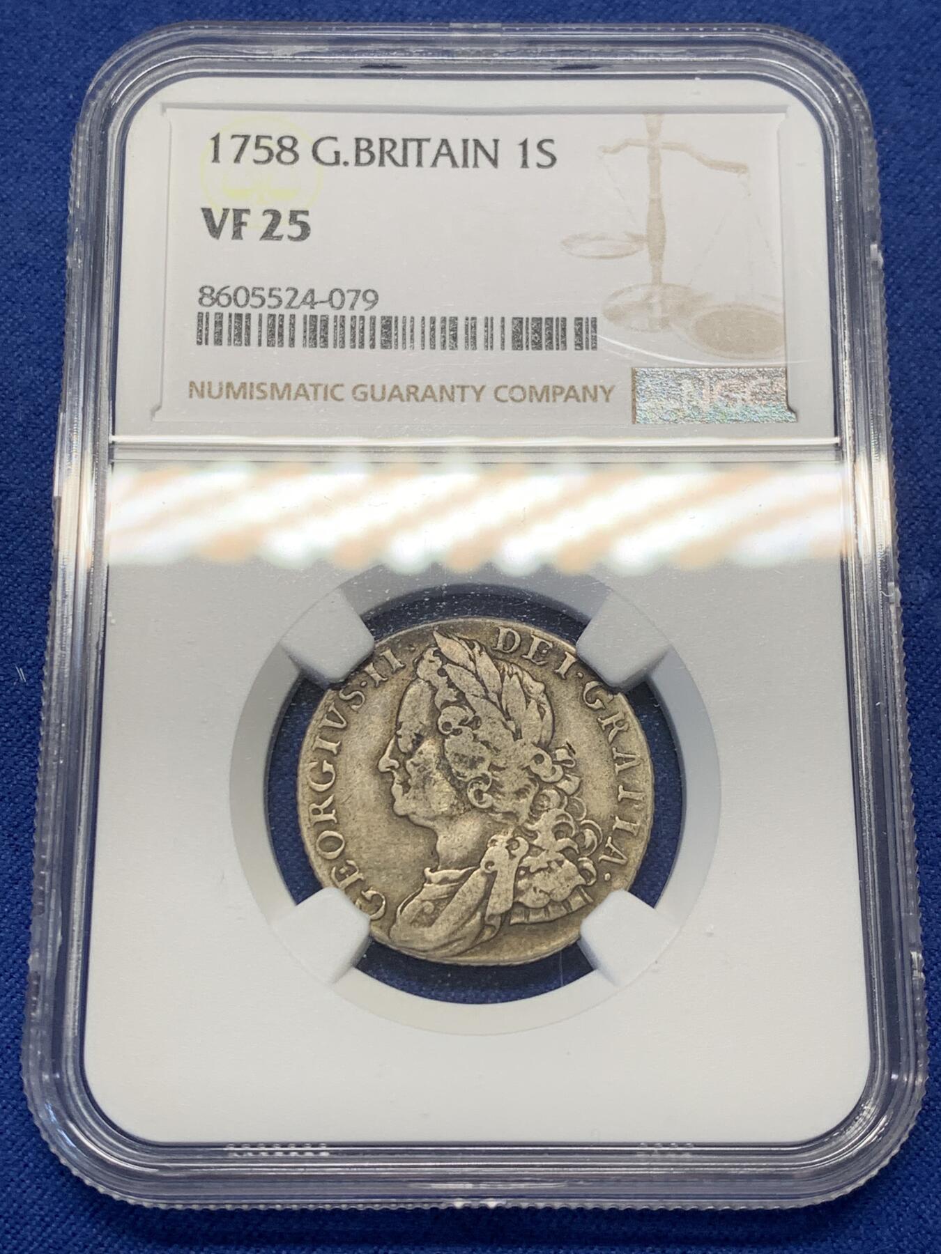 《竞宝斋》第470场 周日，周一，周二 3场连拍 （全场包邮）欢迎送拍 NGC VF25 英国1758年乔治二世1先令 出分不易