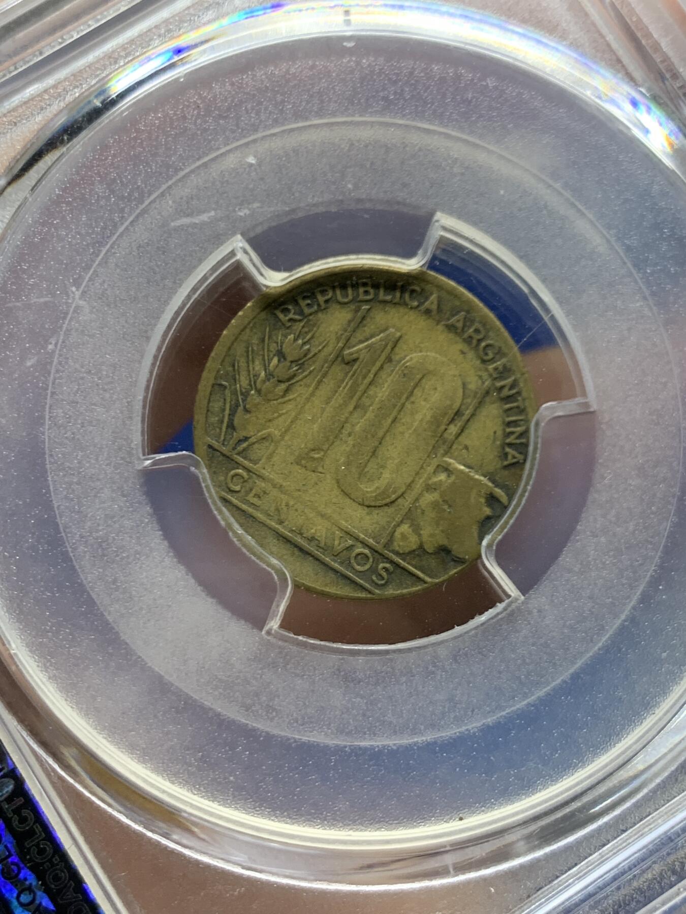 《竞宝斋》第470场 周日，周一，周二 3场连拍 （全场包邮）欢迎送拍 PCGS XF40 阿根廷1948年10分 铸币错误冲压分层/断层 特征明显  pc面值标注错误  独一无二 收藏佳品 稀少错币