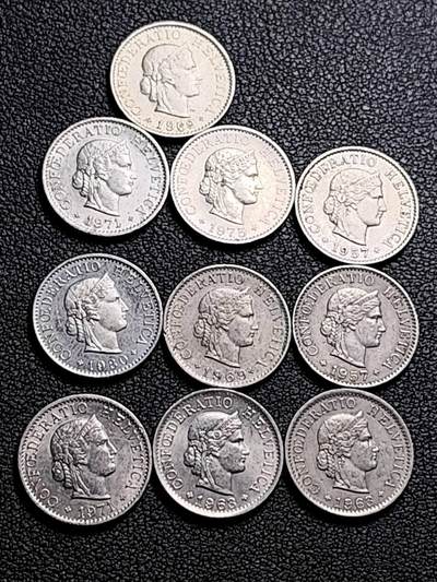 泉币菌-第210场-拍品多 请提前出价 - 10枚 高币值一组 瑞士5生丁 女神 百年延续图案 混合年份未挑