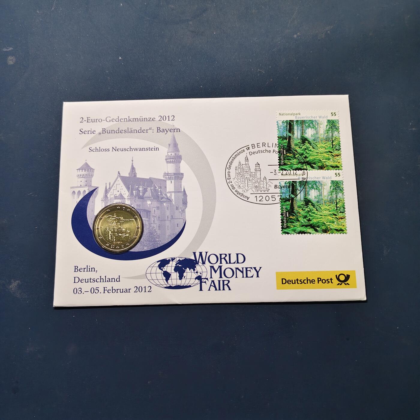【全场包邮】纯粹捡漏拍512场 【邮币封】德国2012年2欧元州币系列巴伐利亚州新天鹅堡双色纪念币邮币封