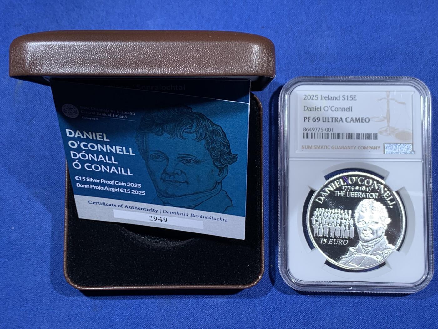 《竞宝斋》第470场 周日，周一，周二 3场连拍 （全场包邮）欢迎送拍 NGC PF69UC 爱尔兰2025年丹尼尔.奥康奈尔诞辰250周年15欧元精制纪念银币（28.28克重，925银，币径38.61MM，限量发行3千枚，盒证齐全）