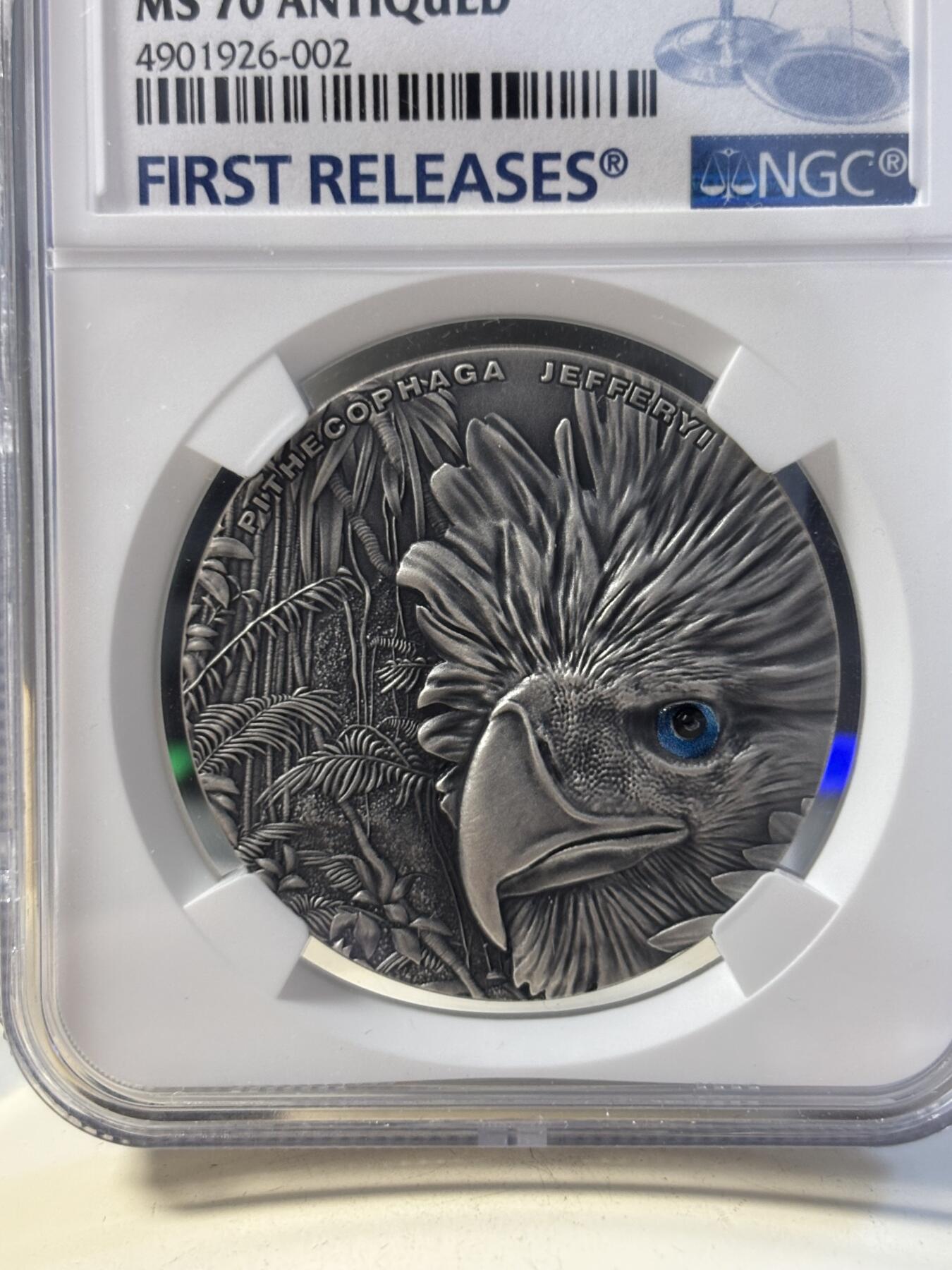 第194期拍卖 纽埃2018年菲律宾鹰镶嵌水晶仿古纪念银币NGC-MS70首，999银，发行500枚
