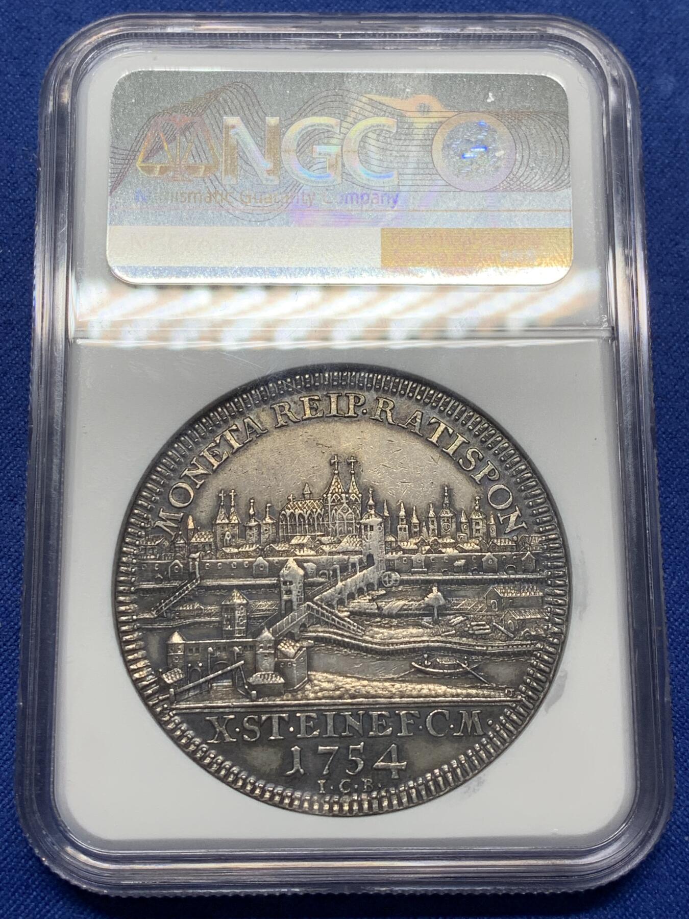 《竞宝斋》第470场 周日，周一，周二 3场连拍 （全场包邮）欢迎送拍 NGC UNCD 1754年神圣罗马帝国弗朗茨一世雷根斯堡城市景观泰勒银币