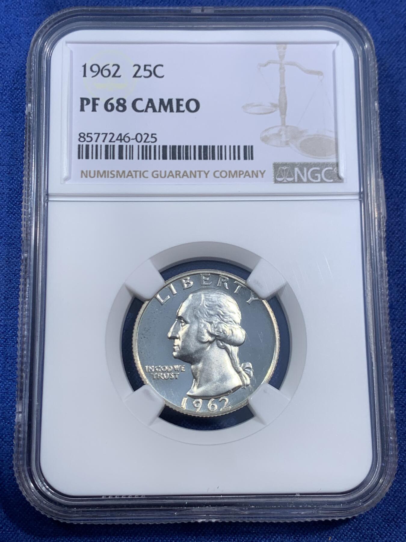 《竞宝斋》第470场 周日，周一，周二 3场连拍 （全场包邮）欢迎送拍 NGC PF68CAMEO 美国1962年华盛顿25分银币 少见精制版本 较少的年份