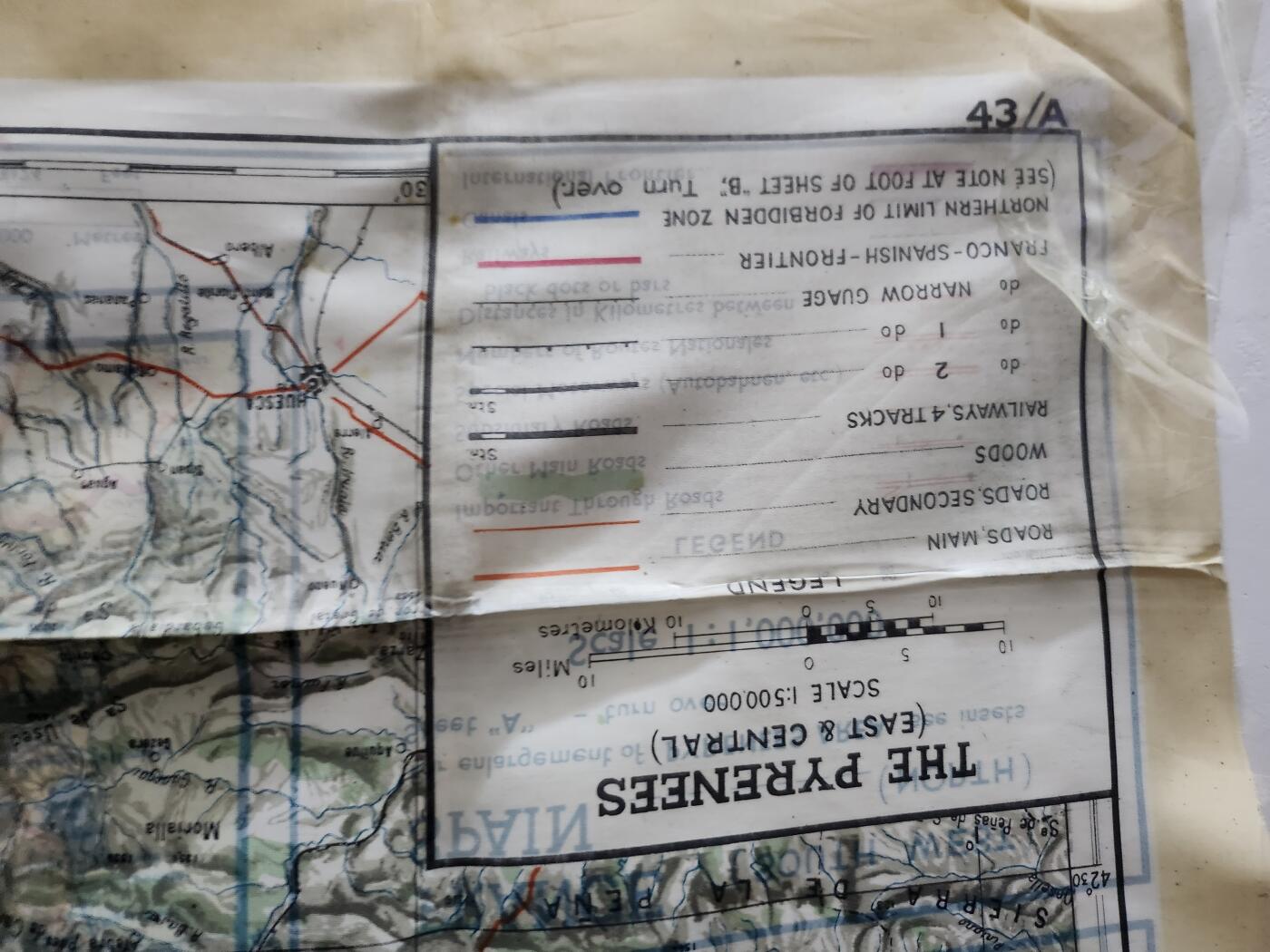 南水社第3次拍卖 春季专场 二战英军／美军MI9 43A/B 1:1,000,000 双面丝质逃生地图 包含法国 瑞士和西班牙边界盟军飞行员空降兵 战略情报局