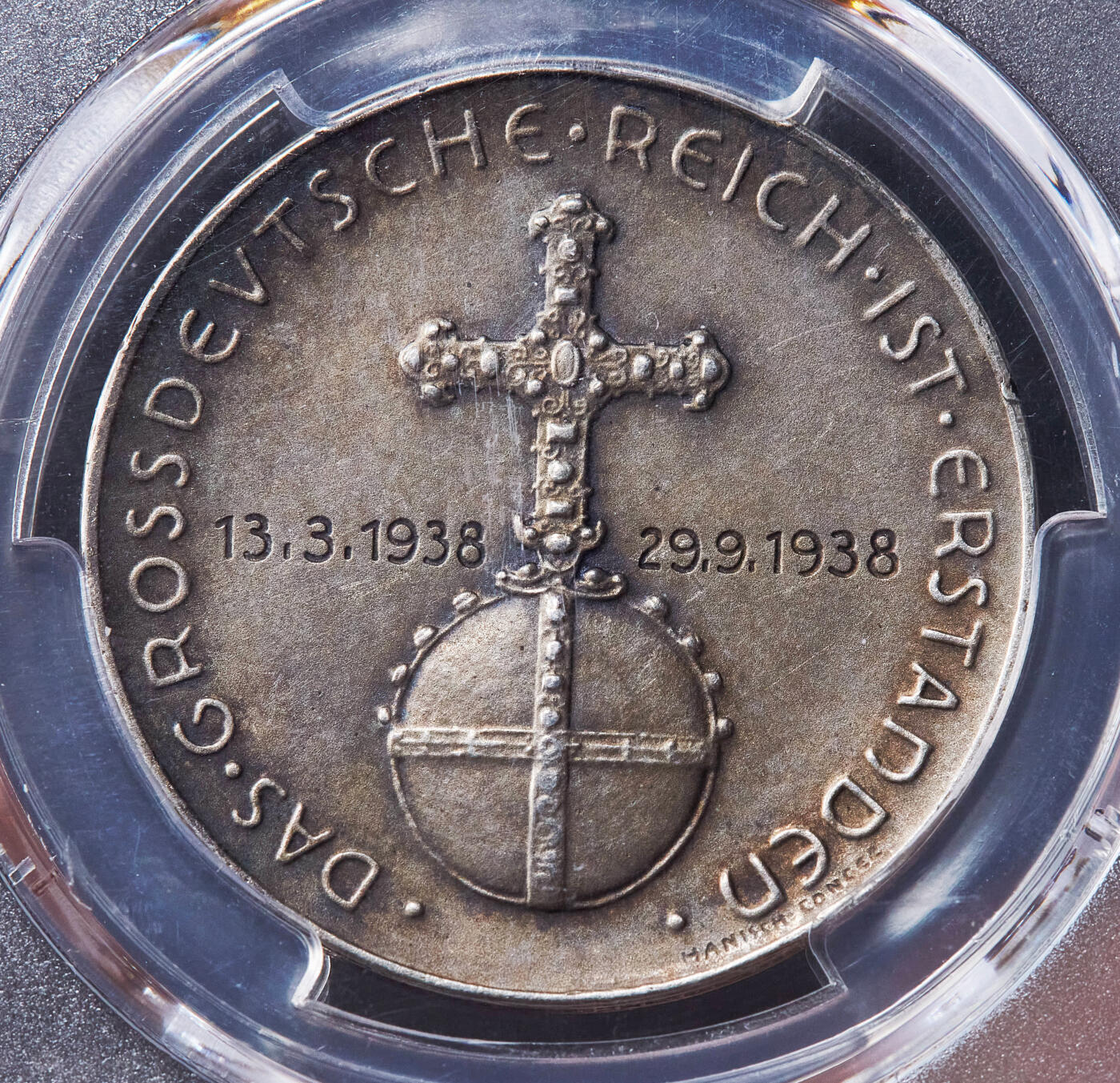 【俄甄集藏】2026年(049)03-18星期三 晚 19:30 全场包邮 德国第三帝国1938年纪念吞并奥地利银章，PCGS SP64，磨砂底板，黄油酱彩老包浆，名誉品种，味道一流，原图联系客服或官网查询