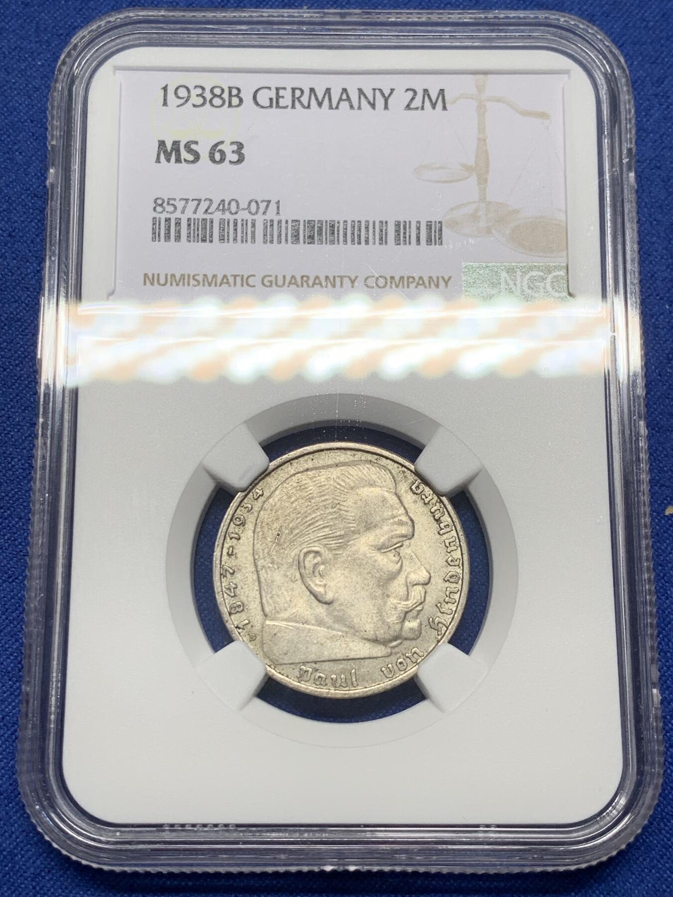 《竞宝斋》第470场 周日，周一，周二 3场连拍 （全场包邮）欢迎送拍 NGC MS63 德国1938年兴登堡带风车2马克银币，原味状态，分数不错