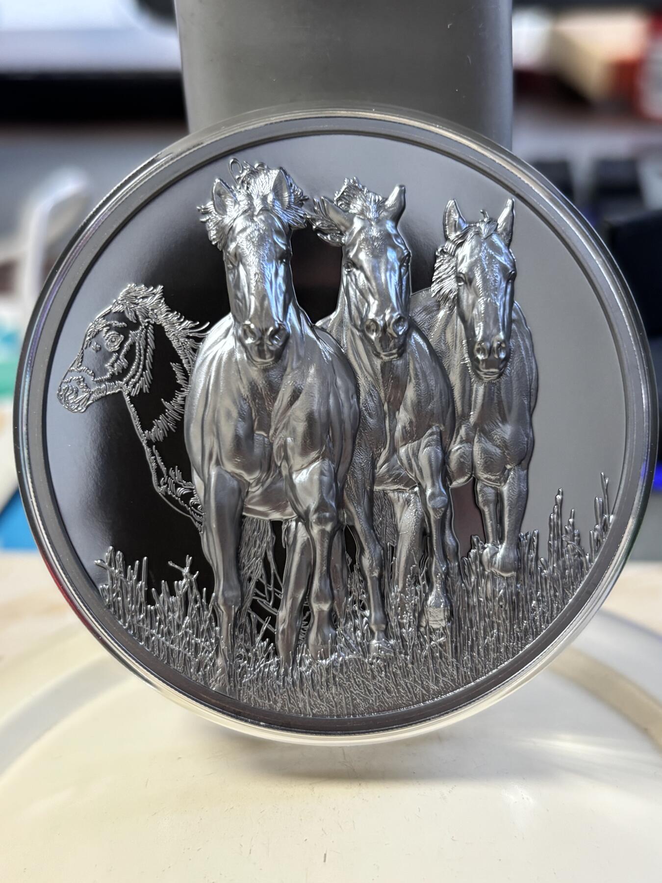 第194期拍卖 加纳2023年成长系列奔马5盎司单面钌化高浮雕银币，999银，发行149枚
