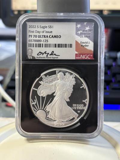 第193期拍卖 - 2022 年美国鹰洋 S 版 1 美元银币，NGC 评级 PF 70 ULTRA CAMEO，首日发行、David J. Ryder 签名版，999银，1盎司