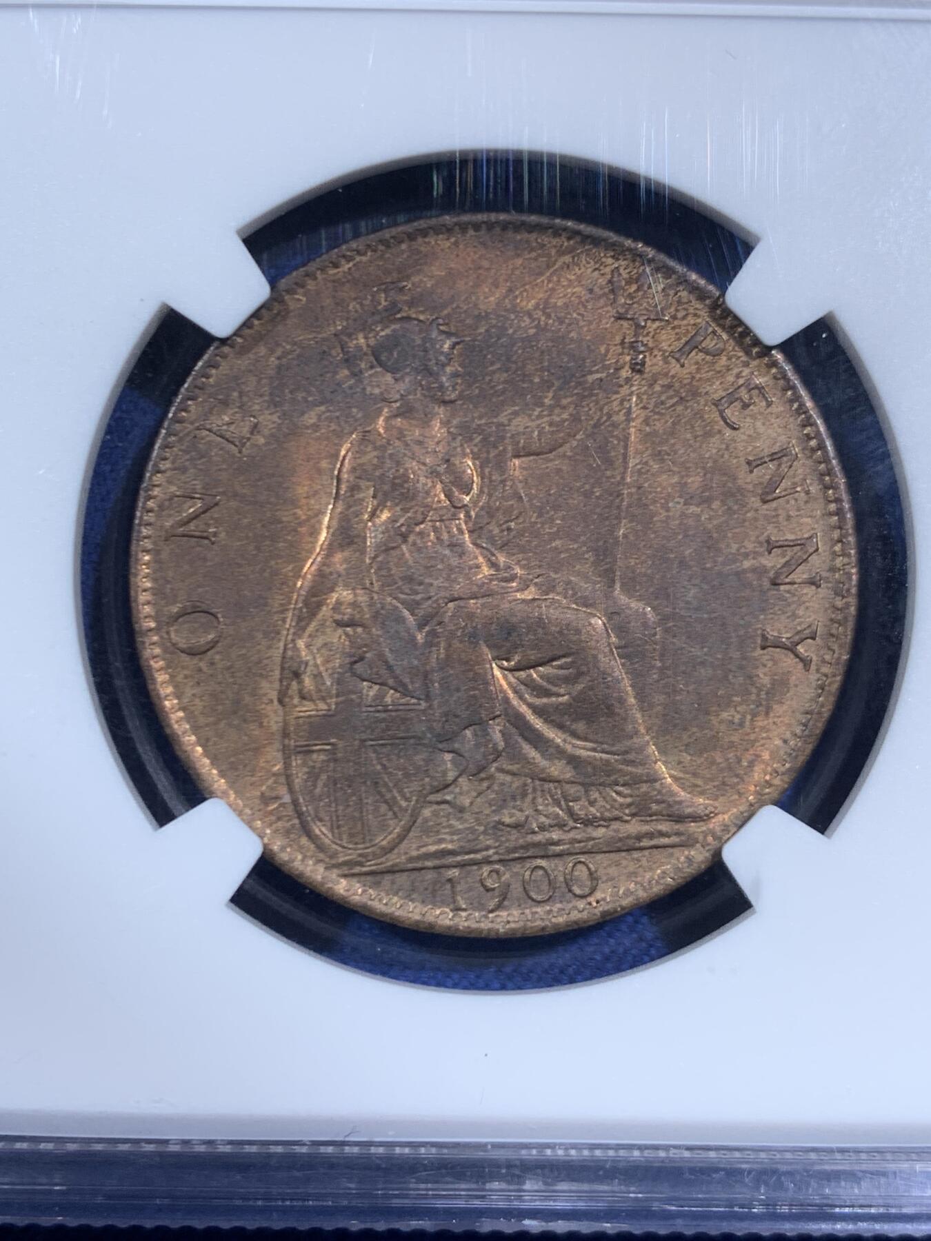 《竞宝斋》第470场 周日，周一，周二 3场连拍 （全场包邮）欢迎送拍 NGC MS63RB 英国1900年维多利亚1便士铜币