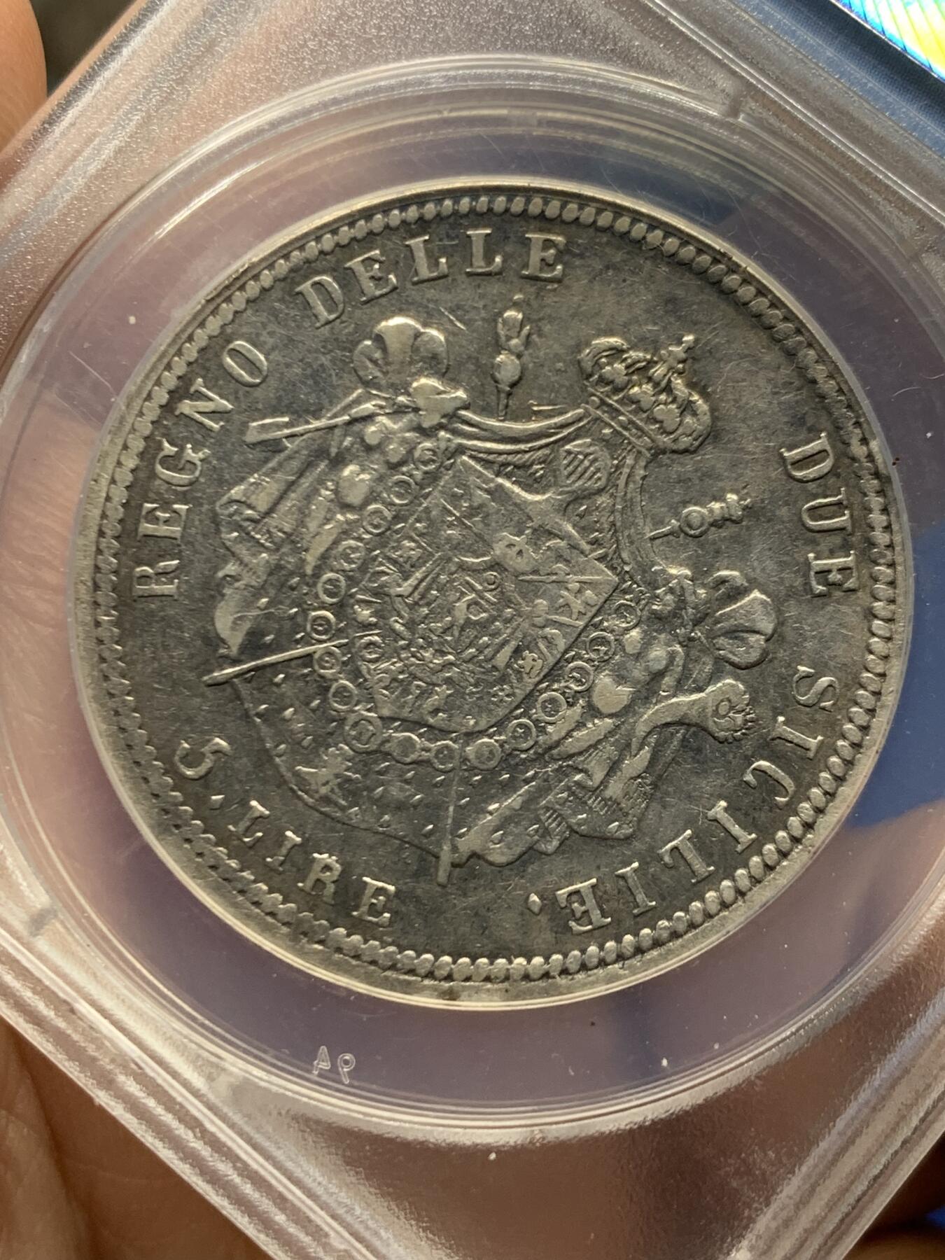 《竞宝斋》第470场 周日，周一，周二 3场连拍 （全场包邮）欢迎送拍 ANACS EF40 那不勒斯与西西里王国 1813年 5里拉 银币 拿破仑麾下名将缪拉统治时期发行 细节非常完整 传世黑包浆 转光很漂亮 克书价高 拿系币大珍品种