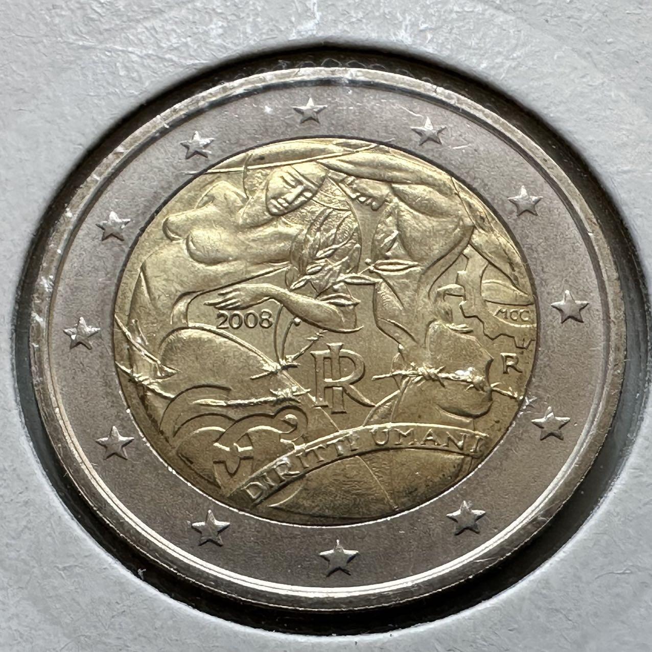 🌹外币初藏🌹🐯2026年第29场   欧元纪念币 接代拍 意大利 2008年 人权宣言60周年 2欧元双色纪念币