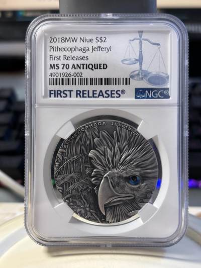 第194期拍卖 - 纽埃2018年菲律宾鹰镶嵌水晶仿古纪念银币NGC-MS70首，999银，发行500枚