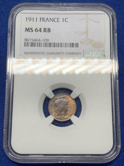 《竞宝斋》第470场 周日，周一，周二 3场连拍 （全场包邮）欢迎送拍 - NGC MS64RB 法国1911年1分铜币 经典女神图案 冠军分