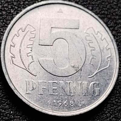 泉币菌-第210场-拍品多 请提前出价 - 原光极美 圆规斧子 东德 德意志民主共和国1968年5芬尼铝制硬币19mm1g