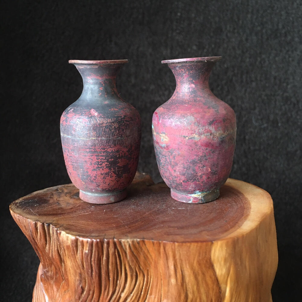        02c出口创汇时期紫铜小花瓶1对2个真品如图老铜器旧藏文玩艺术收藏