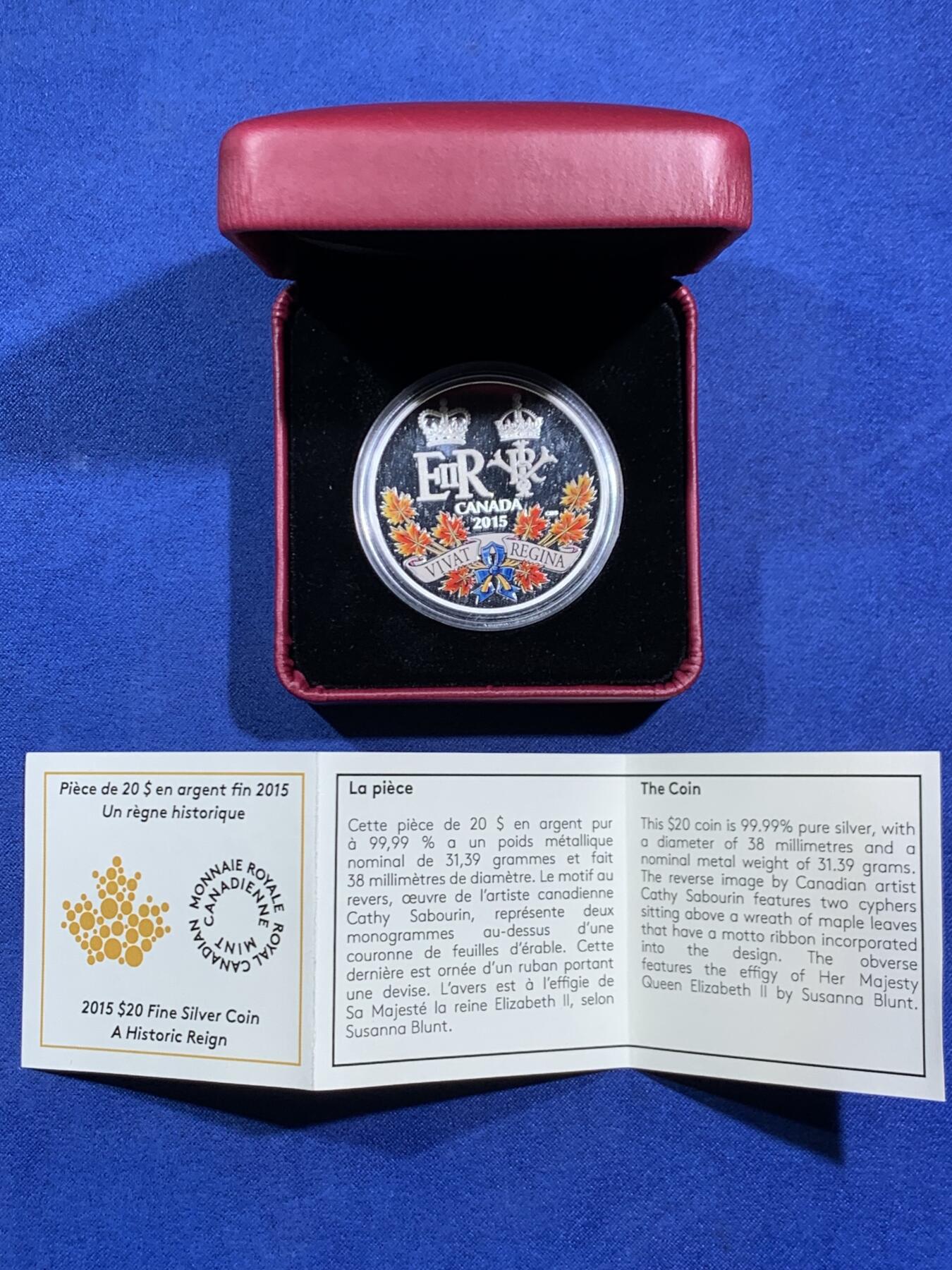 《竞宝斋》第470场 周日，周一，周二 3场连拍 （全场包邮）欢迎送拍 2015年加拿大皇家造币厂20加元银币（31.39克纯银），Historic Reign主题，带原盒和证书，发行量10000枚。