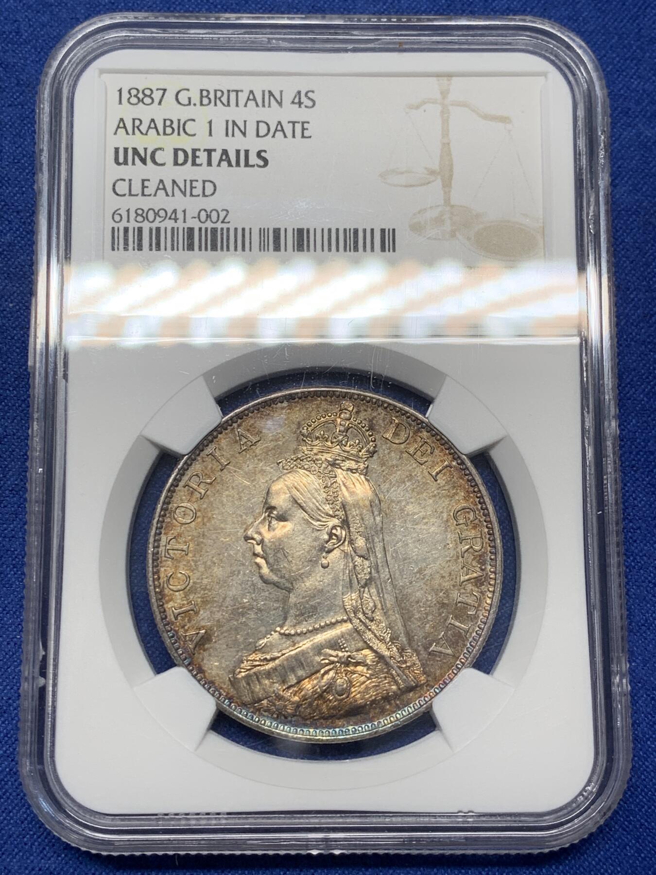 《竞宝斋》第470场 周日，周一，周二 3场连拍 （全场包邮）欢迎送拍 NGC UNCD 英国1887年维多利亚女王双佛罗林银币，酱彩包浆有镜面感