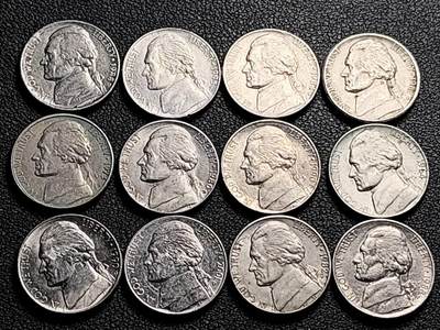 泉币菌-第210场-拍品多 请提前出价 - 12枚一组 美国杰斐逊纪念币 镍币 混合年份未挑