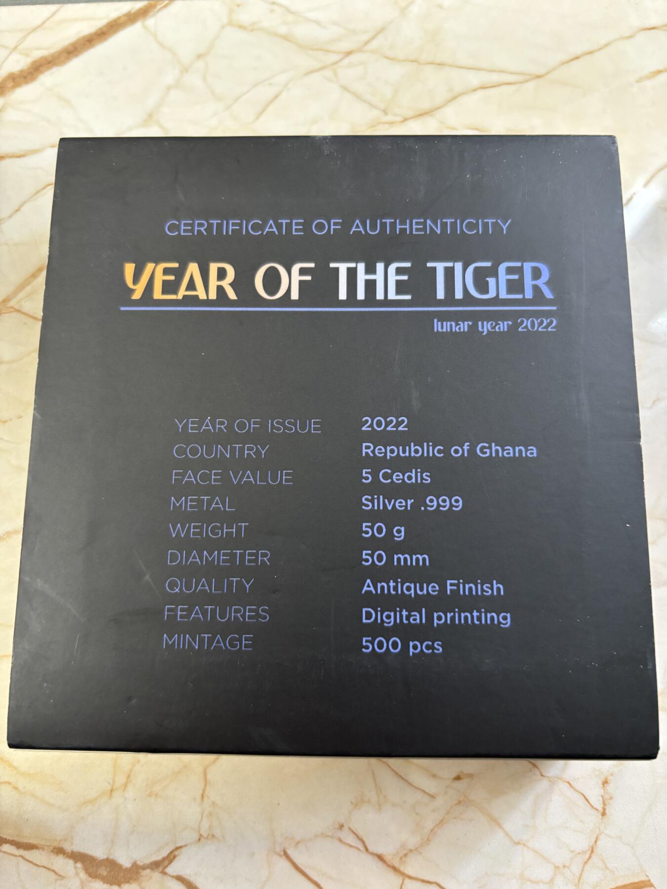 第194期拍卖 加纳2022年中国生肖系列幸运虎年彩色纪念银币，999银，50克，发行500枚