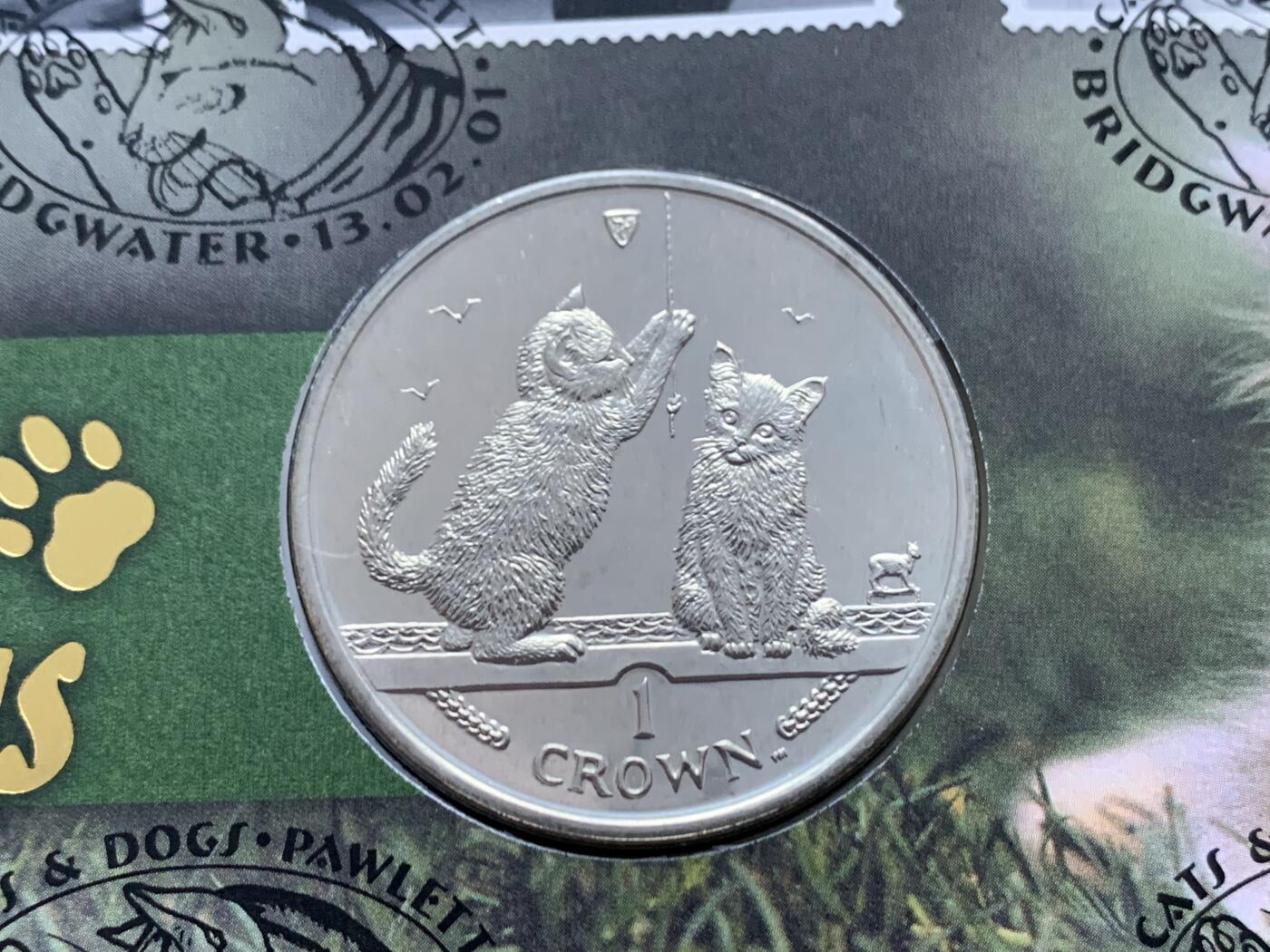 《竞宝斋》第470场 周日，周一，周二 3场连拍 （全场包邮）欢迎送拍 英国马恩岛2001年猫克朗纪念币，邮币封，附10张马恩岛猫狗邮票和猫猫邮戳