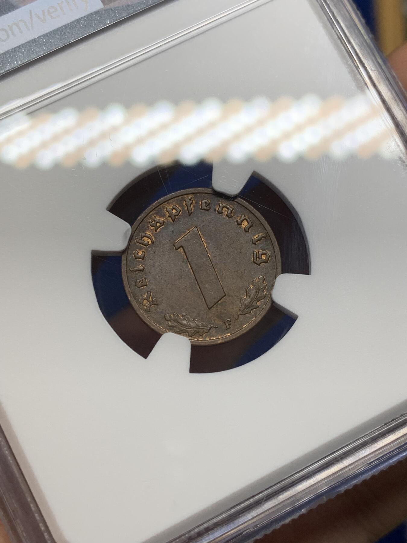 《竞宝斋》第470场 周日，周一，周二 3场连拍 （全场包邮）欢迎送拍 NGC MS62BN 德国1937年带风车1芬尼铜币，状态很好，热门品种