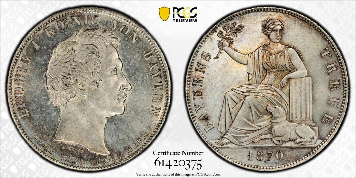 万国钱币拍卖第062期 PCGS MS62 1830年德国巴伐利亚忠于皇室历史大泰勒 路德维希一世敕令发行 用于感激1830年德国社会主义运动中巴伐利亚人民对王室的忠诚 原味淡香槟色调包浆状态难得 收藏级品质