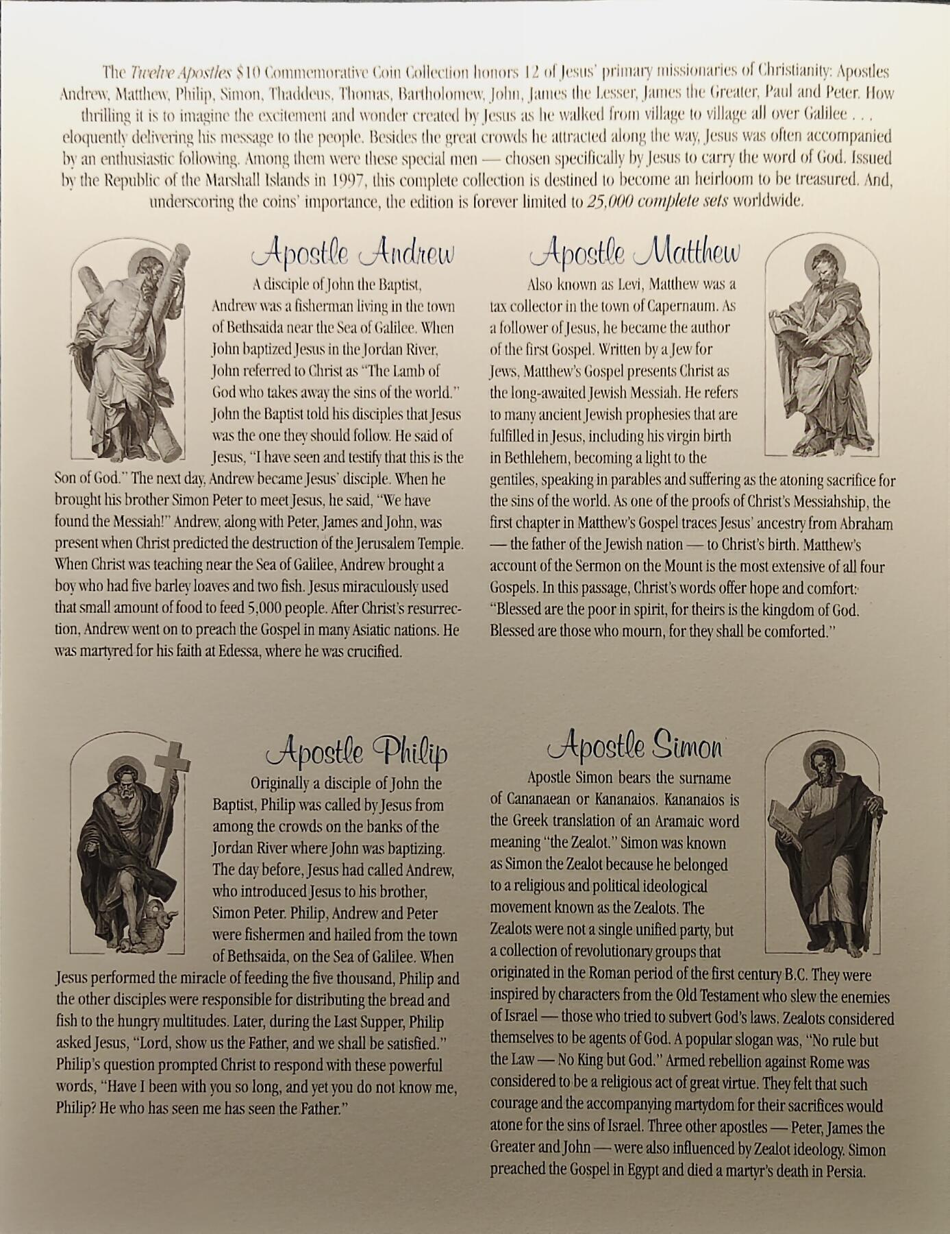 【全场包邮】纯粹捡漏拍513场 马绍尔群岛1997年10元耶稣十二使徒PL纪念币12枚全套-盒证全