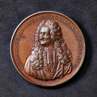 【俄甄集藏】2026年(049)03-18星期三 晚 19:30 全场包邮 - 瑞士1734年纪念日内瓦首席执政官路易斯·勒福特大铜章，著名雕刻家让·达希尔作品，直径：53mm，重量：77.2克，高浮雕，巧克力包浆，状态难得