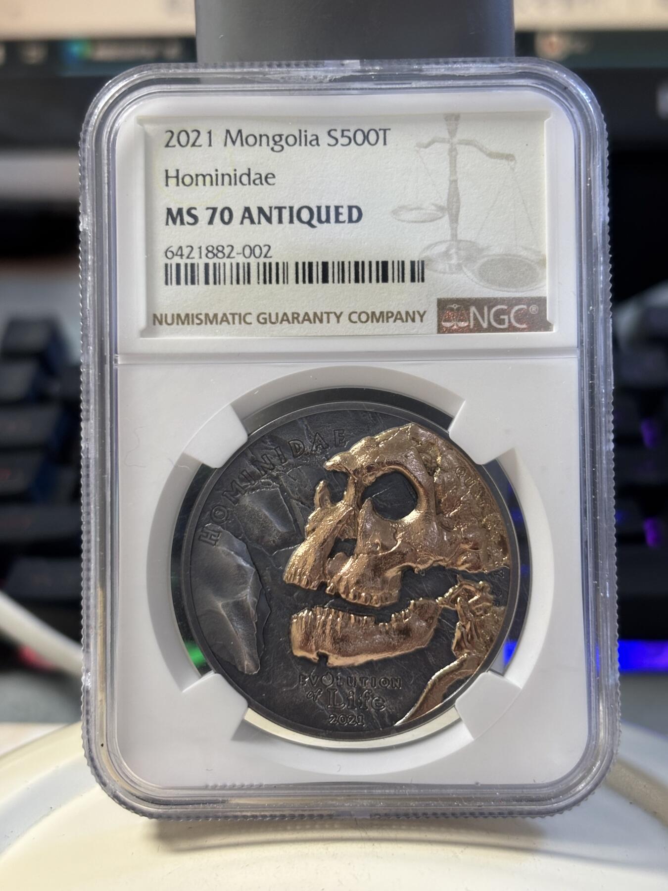 第194期拍卖 蒙古2021年生命进化人类头骨1盎司镀金银币NGC-MS70,999银镀玫瑰金,1盎司,38.61毫米,999枚