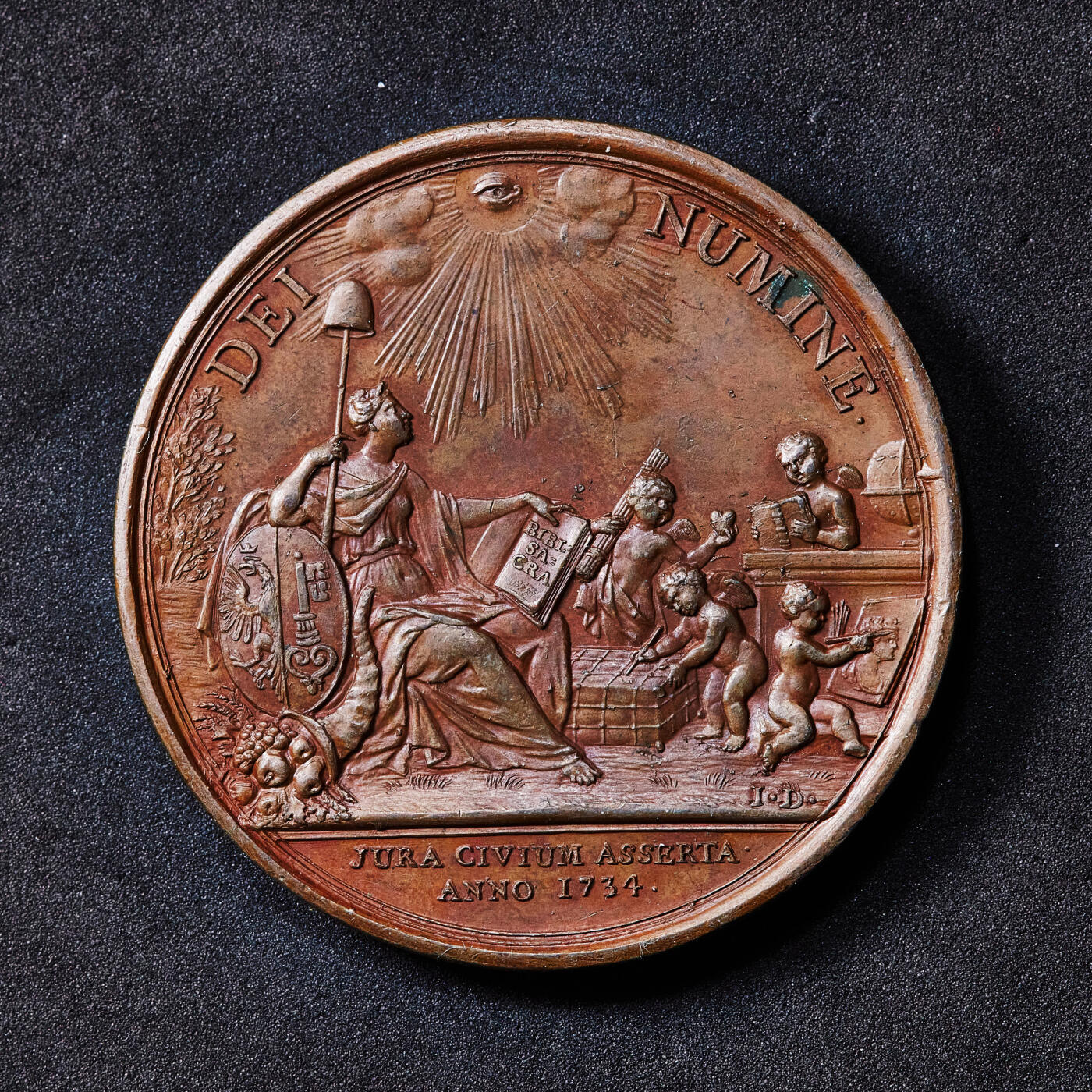 【俄甄集藏】2026年(049)03-18星期三 晚 19:30 全场包邮 瑞士1734年纪念日内瓦首席执政官路易斯·勒福特大铜章，著名雕刻家让·达希尔作品，直径：53mm，重量：77.2克，高浮雕，巧克力包浆，状态难得