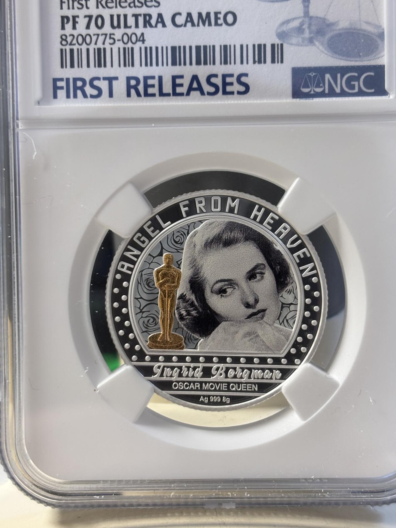 第194期拍卖 喀麦隆2024年电影明星英格丽褒曼彩银币NGC-PF70首，999银，8克，发行300枚
