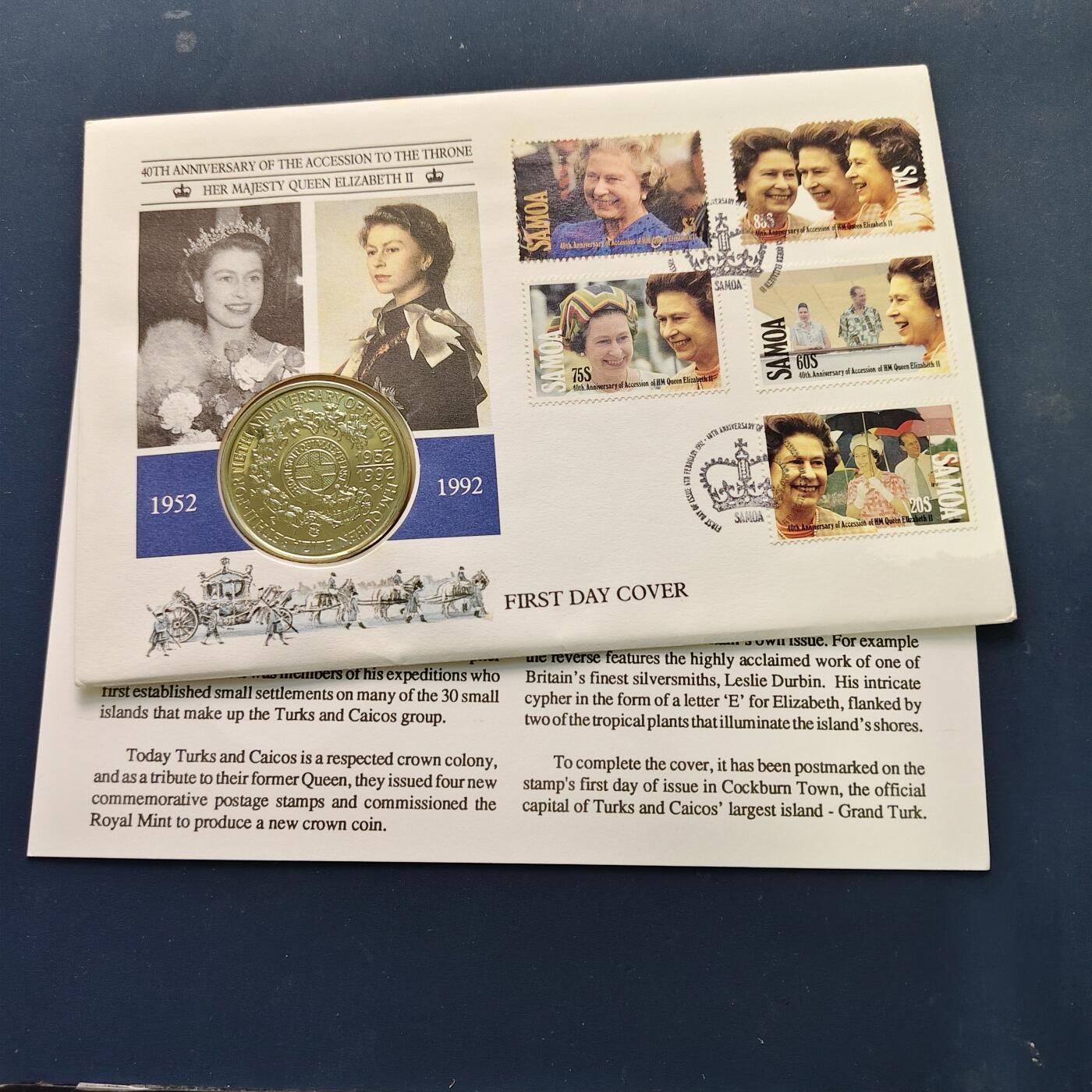 【全场包邮】纯粹捡漏拍513场 【邮币封】萨摩亚1992年1元伊丽莎白二世女王即位40周年克朗型纪念邮币封