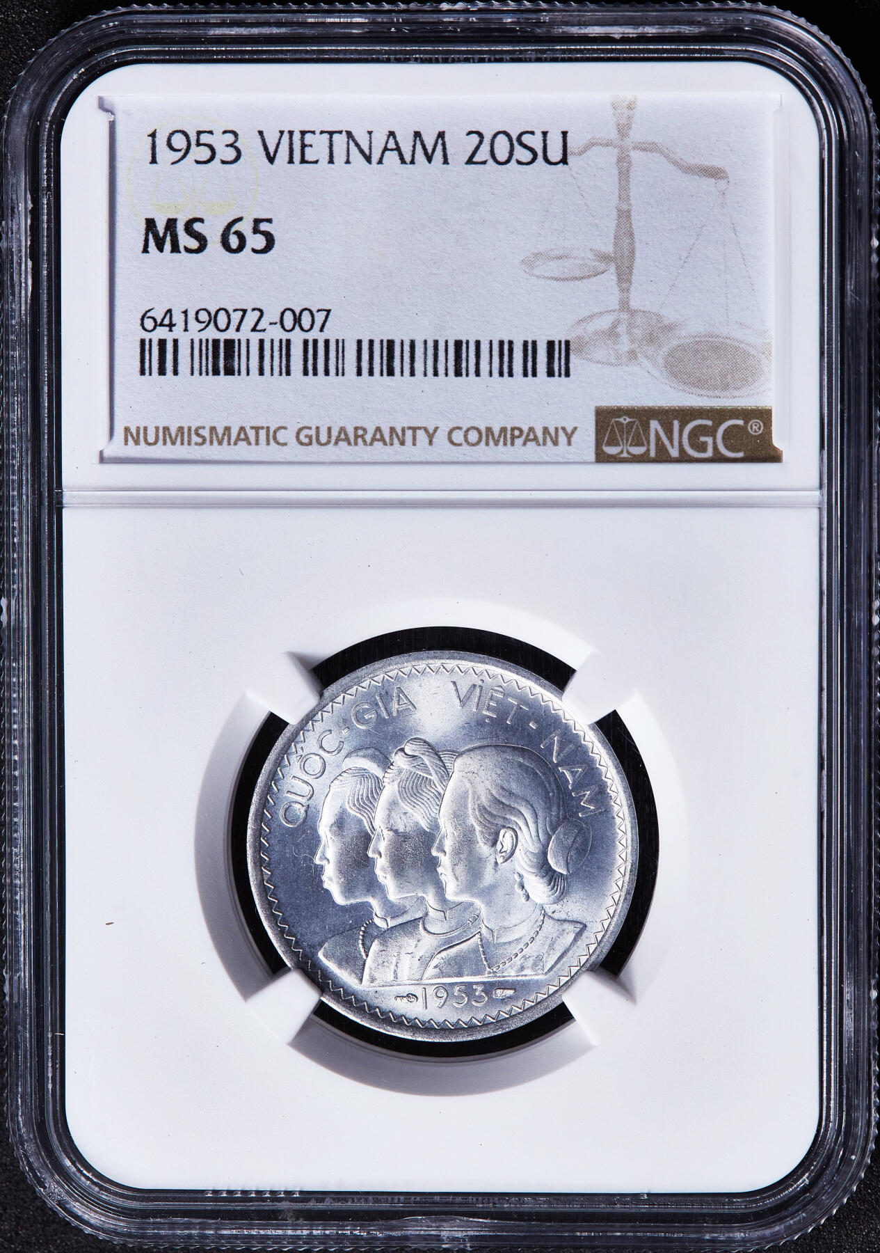 【俄甄集藏】2026年(049)03-18星期三 晚 19:30 全场包邮 越南南越1953年三姐妹麦穗20分铝币，NGC MS65，转光品相