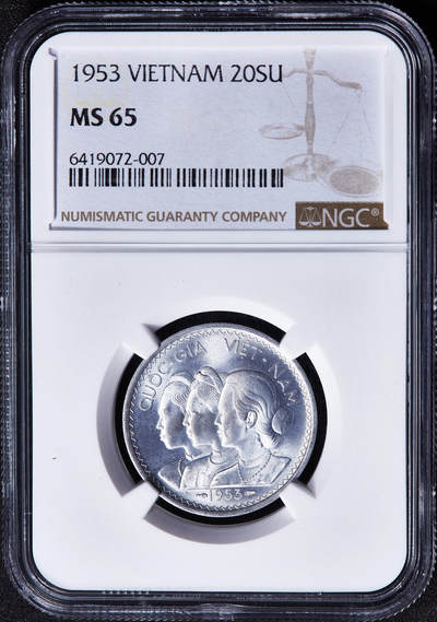 【俄甄集藏】2026年(049)03-18星期三 晚 19:30 全场包邮 - 越南南越1953年三姐妹麦穗20分铝币，NGC MS65，转光品相