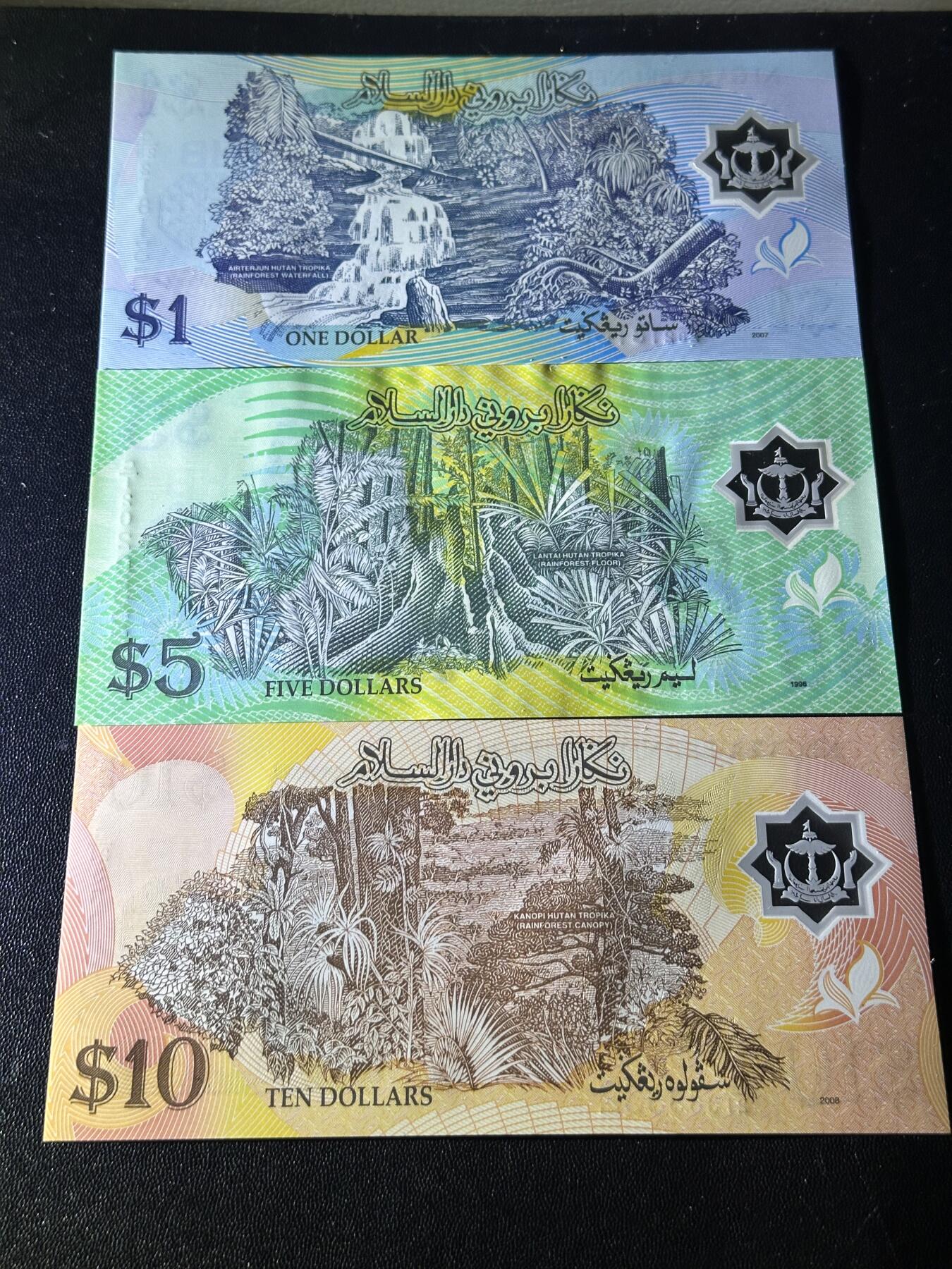 《外钞收藏家》第六百一十八期（精品场）（长期征集拍品、欢迎藏友们联系合作） 文莱倒三版本1/5/10林吉特塑料钞（其中5林吉特C1首发字冠，全程无47）	UNC