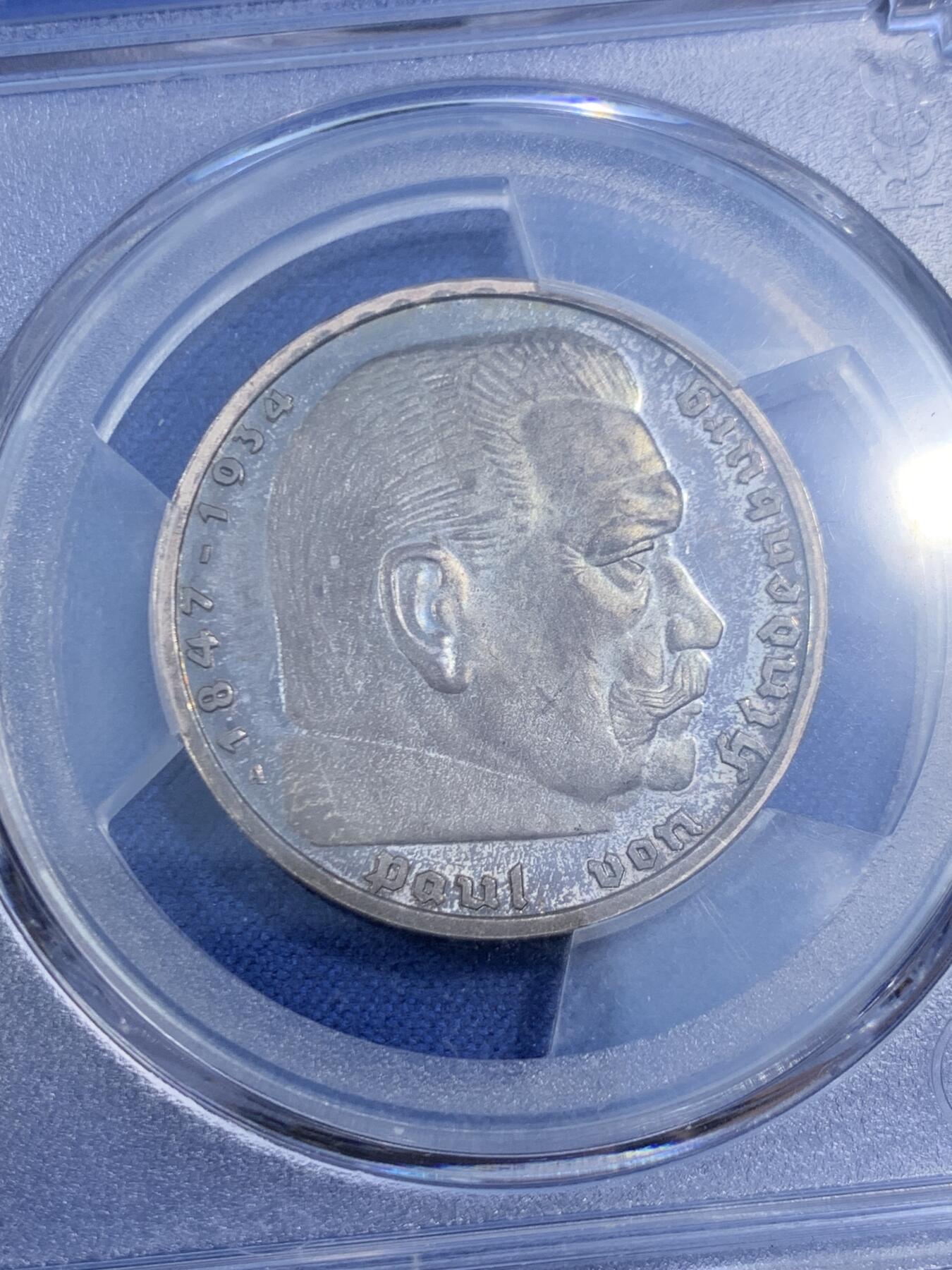 《竞宝斋》第470场 周日，周一，周二 3场连拍 （全场包邮）欢迎送拍 PCGS PR65 德国 1935A 兴登堡精制5马克 亚军分，高分精制主币，五彩镜面！近年来同等级的高分5马克价格涨势明显。