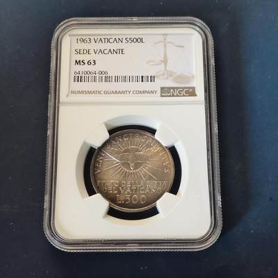 【全场包邮】纯粹捡漏拍513场 - 梵蒂冈1963年500里拉宗座从缺银币【29毫米11克83.5%】-NGC MS63