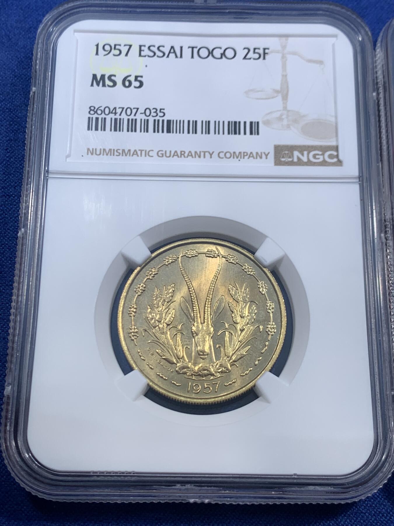 《竞宝斋》第470场 周日，周一，周二 3场连拍 （全场包邮）欢迎送拍 两枚一组 NGC MS65 多哥 1957年 10法郎+25法郎样币 单枚发行量 仅2300枚